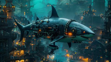 Futuristic Cybernetic Shark in a Neon Lit Cityscape wallpaper