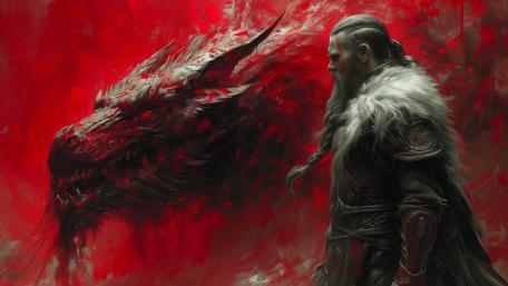 Epic Viking and Fierce Dragon Clash in Red Realm wallpaper