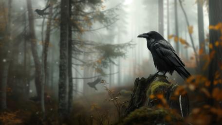 Majestic Crow in Misty Autumn Forest wallpaper