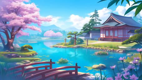 Anime Serenity in a Japanese Garden Landscape wallpaper