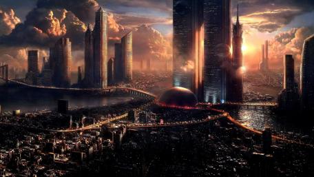 Futuristic Dreamscape Metropolis at Sunset wallpaper