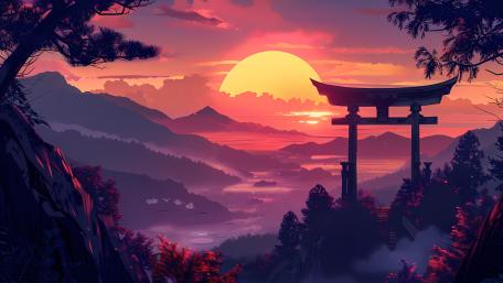 Serene Sunset Over Torii Gate in Japanese Art wallpaper