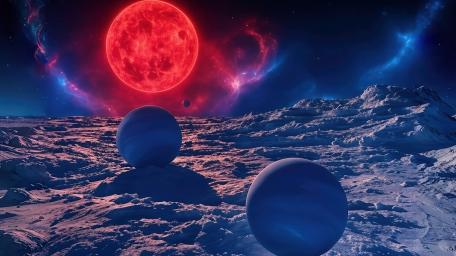 Red Sun Over Alien Landscape with Celestial Spheres wallpaper