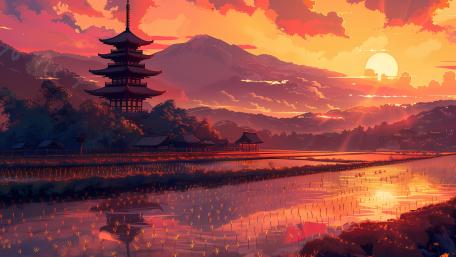 Serene Sunset in Anime Pagoda Landscape wallpaper