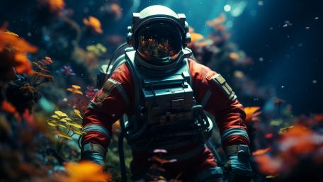 Astronaut's Enchanted Dive: An AI Fantasy Adventure wallpaper