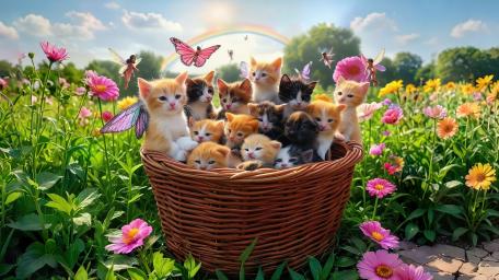 Magical Basket of Puppies and Kittens Fantasy wallpaper