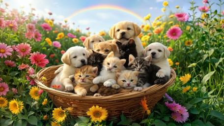 Puppies and Kittens in a Basket Wonderland wallpaper