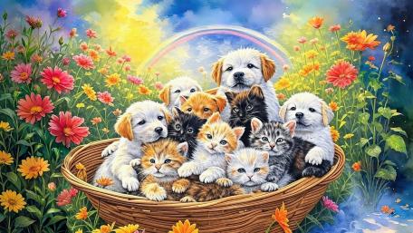 Puppies and Kittens in a Sunny Basket Painting wallpaper