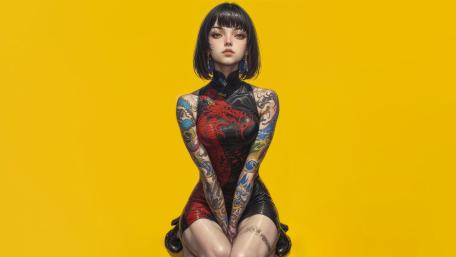 Tattooed Elegance Against a Yellow Canvas wallpaper