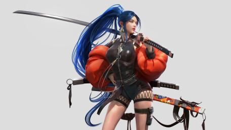 Fierce Anime Warrior Wields Katana Against White Canvas wallpaper
