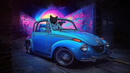 Black Cat In Blue Bug with Graffiti wallpaper
