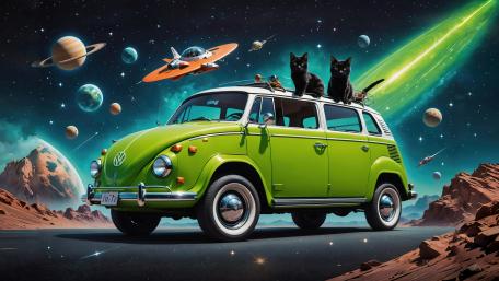 Two Black Cats On A Lime Green VW wallpaper