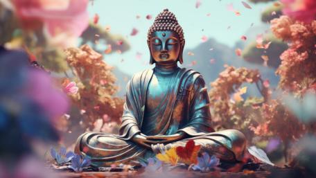 Serene Buddha Amidst Enchanted Blooms wallpaper