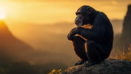 A pondering chimp on a mountain wallpaper