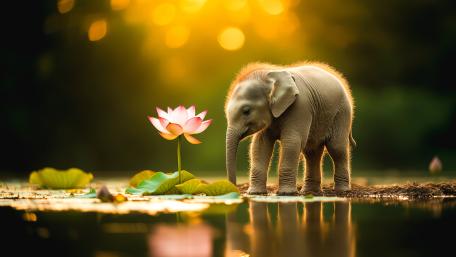 Baby Asian elephant looking at a Lotus flower wallpaper