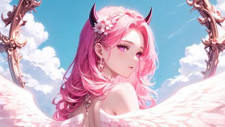 Horned and Winged Anime Girl with Pink Hair wallpaper