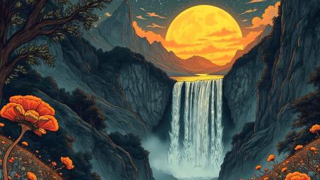 Mystical Waterfall Under a Full Moon Fantasy Landscape wallpaper