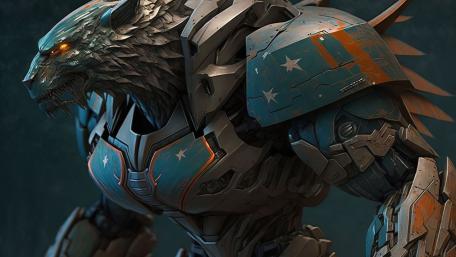 Robotic Predator Ready for Battle in Fantasy Realm wallpaper
