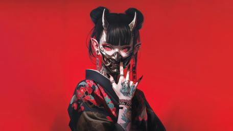 Oni Veil Elegance: Mystique of the Enigmatic Anime Girl wallpaper