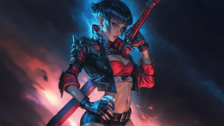 Cyberpunk Warrior in a Futuristic Realm wallpaper