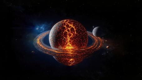 A Fiery Ringed Planet in Deep Space wallpaper