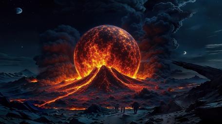 Volcanic Fury Under a Celestial Night Sky wallpaper