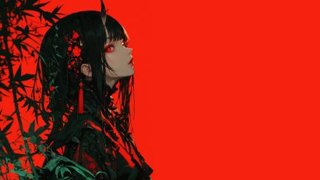 Demoness with Glowing Eyes and Red Elegance wallpaper