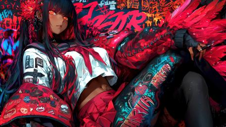 Anime Schoolgirl with Glowing Red Eyes in 4K wallpaper