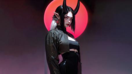 Glowing Demoness with Red Eyes and Horns wallpaper