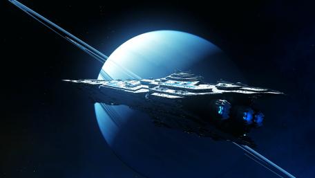 Starship Odyssey Near Saturn's Blue Rings wallpaper