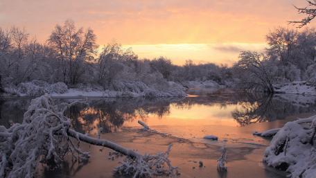 Winter's Tranquil Reflection by the Riverbank wallpaper