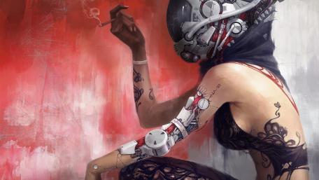 Cyberpunk Cyborg Relaxation in Artistic Dusk wallpaper