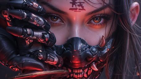 Cyberpunk Demoness Warrior in a Futuristic Realm wallpaper