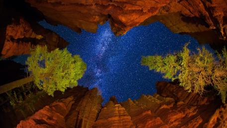 Milky Way Over Majestic Cliffs and Trees wallpaper
