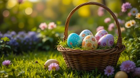 Easter eggs in a basket in the garden wallpaper