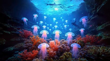 Ethereal Jellyfish Ballet in Ocean Depths wallpaper