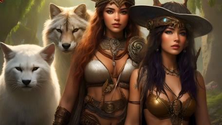 Epic Amazon Warriors and Majestic Wolves wallpaper