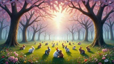 Bunnies in Enchanted Cherry Blossom Forest wallpaper
