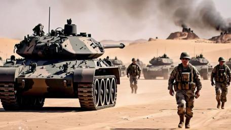 Tank Battalion Advances Through Desert Terrain wallpaper