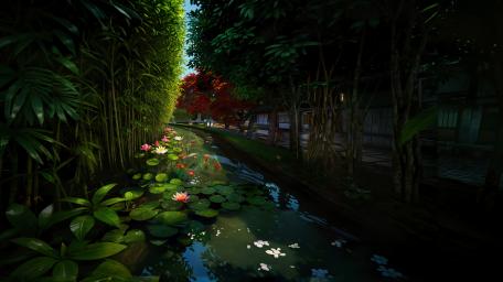 Serene Canal with Lotus Blossoms in Anime Style wallpaper