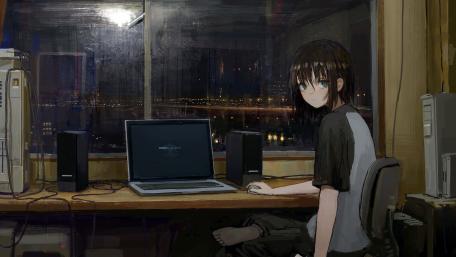 Nighttime Reflections with Anime and Technology wallpaper