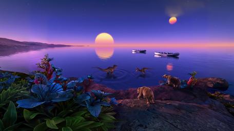 Sunset Over Alien Loch with Dinosaurs wallpaper