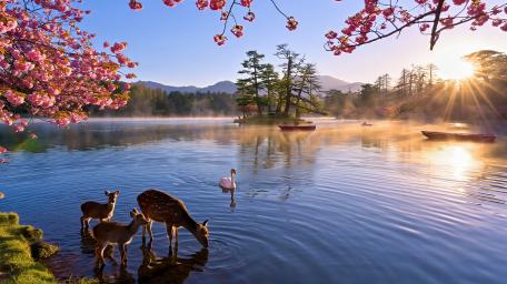 Deer with Fawns in the Spring wallpaper