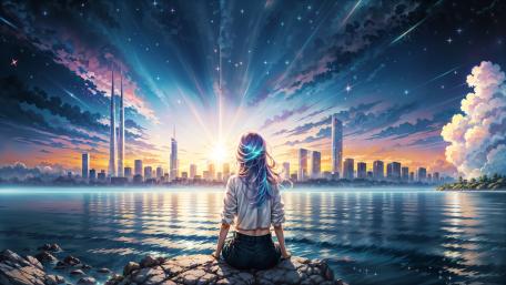 Urban Dawn Reflection in Anime Style wallpaper