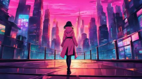 Girl Wandering Through Vibrant Neon Cityscape wallpaper