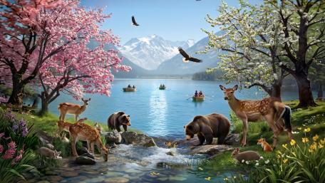 Idyllic Spring Fantasy Landscape with Wildlife wallpaper