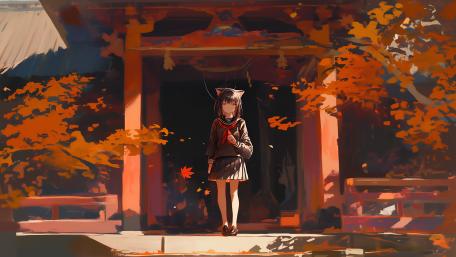 Anime Schoolgirl in Autumn Sanctuary wallpaper