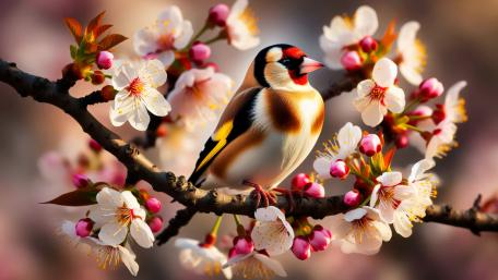 A Gold Finch on a Cherry tree branch wallpaper