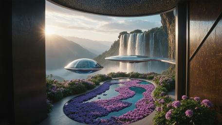 Futuristic Oasis with UFOs and Waterfalls wallpaper