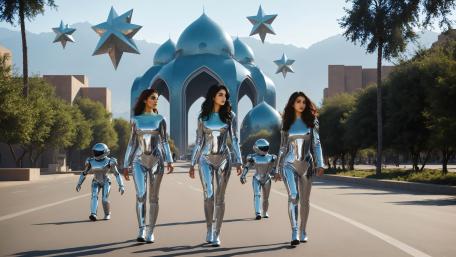 Attractive Iranian girls in future city wallpaper
